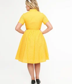 Unique Vintage Swing|Everyday Dresses>1950s Marigold Eyelet Cotton Harlow Dress