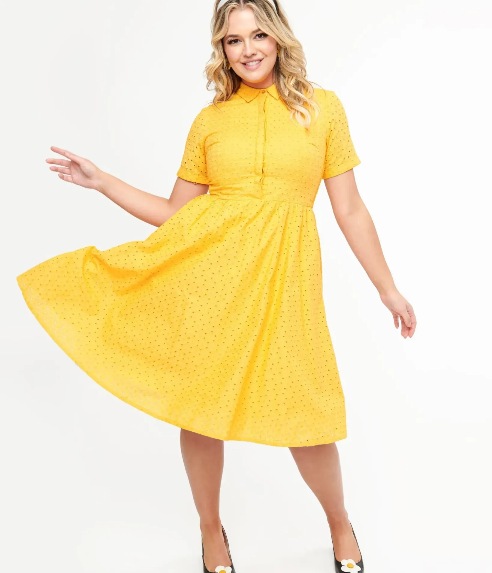Unique Vintage Swing|Everyday Dresses>1950s Marigold Eyelet Cotton Harlow Dress