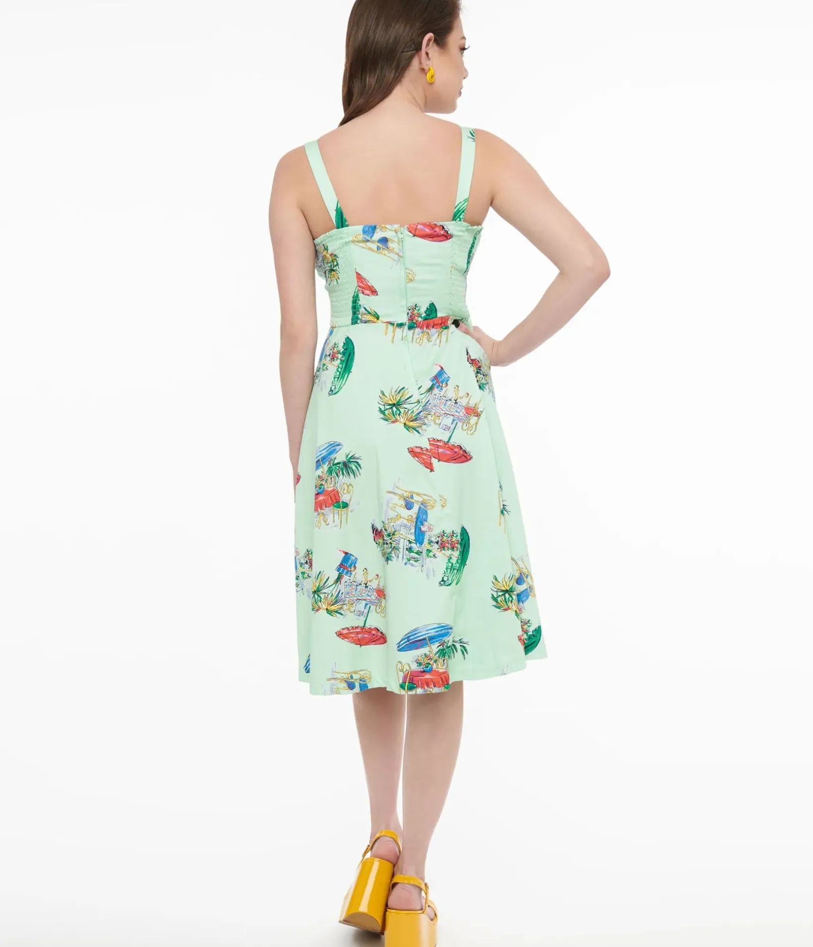 Unique Vintage Swing|Pocket Dresses>1950s Mint Green Le Parisian Cafe Print Shellie Swing Dress
