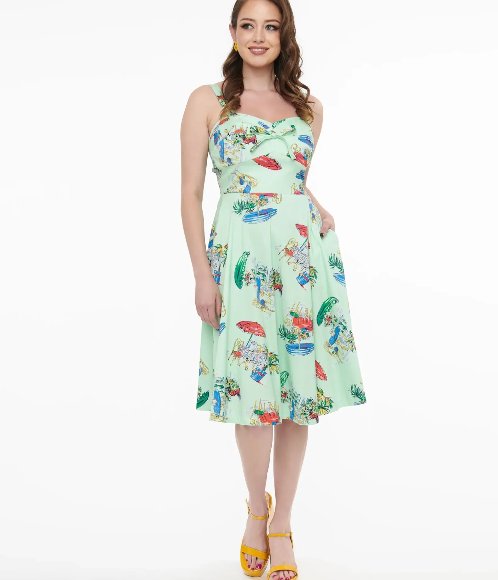 Unique Vintage Swing|Pocket Dresses>1950s Mint Green Le Parisian Cafe Print Shellie Swing Dress