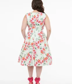 Unique Vintage Swing|Pocket Dresses>1950s Mint Green & Pink Floral Print Cotton Marissa Swing Dress