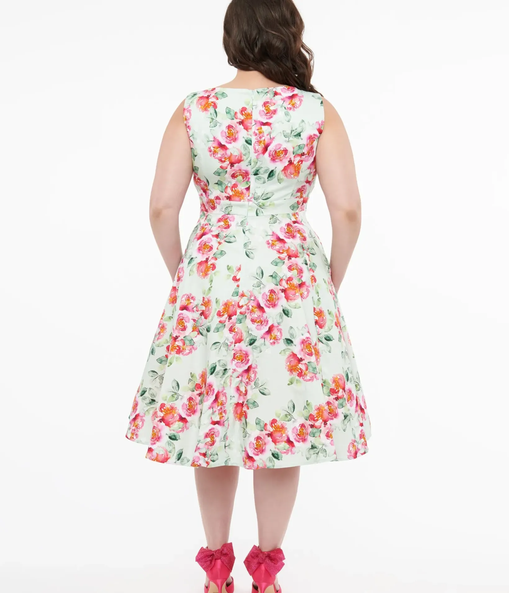 Unique Vintage Swing|Pocket Dresses>1950s Mint Green & Pink Floral Print Cotton Marissa Swing Dress
