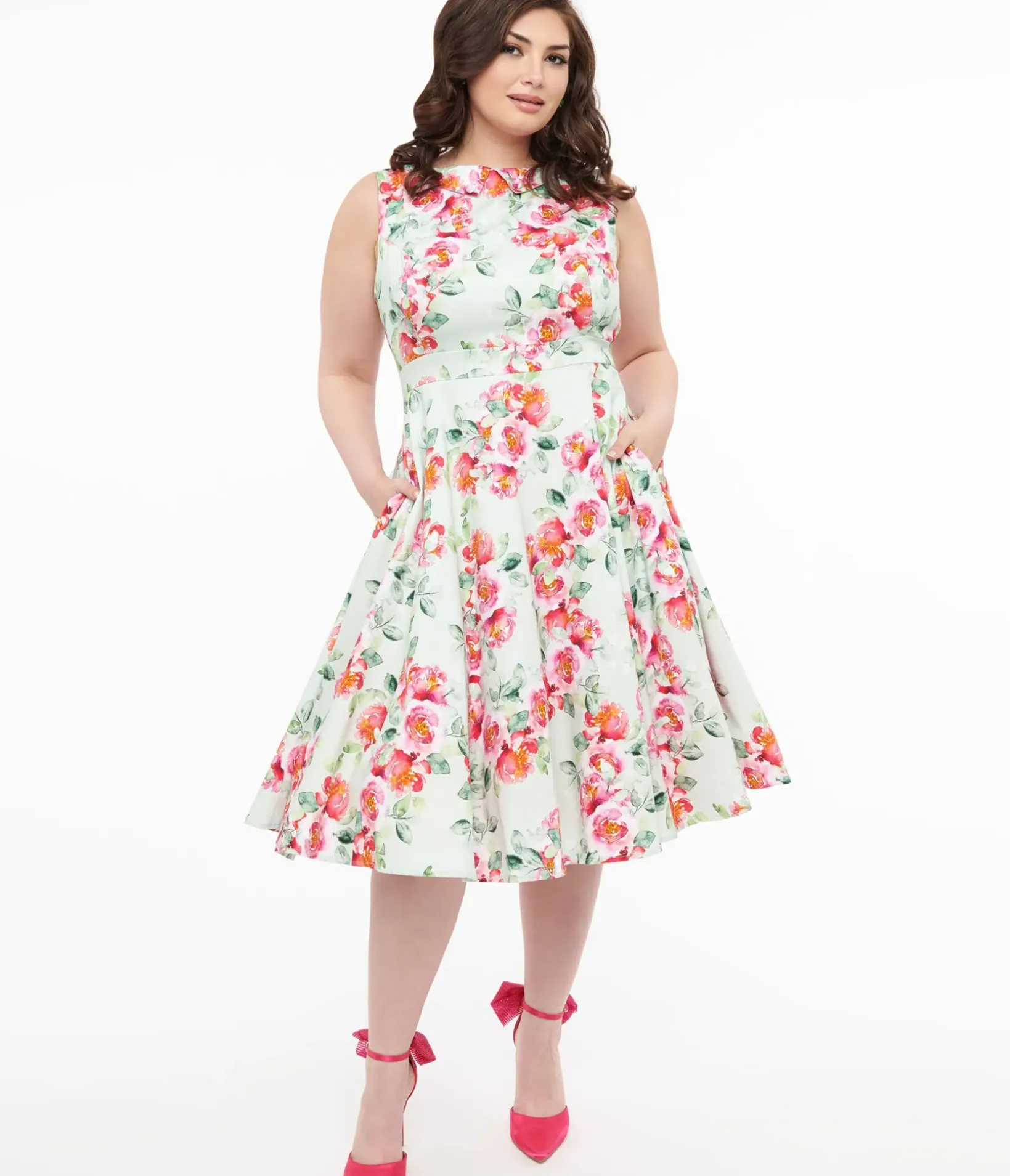 Unique Vintage Swing|Pocket Dresses>1950s Mint Green & Pink Floral Print Cotton Marissa Swing Dress