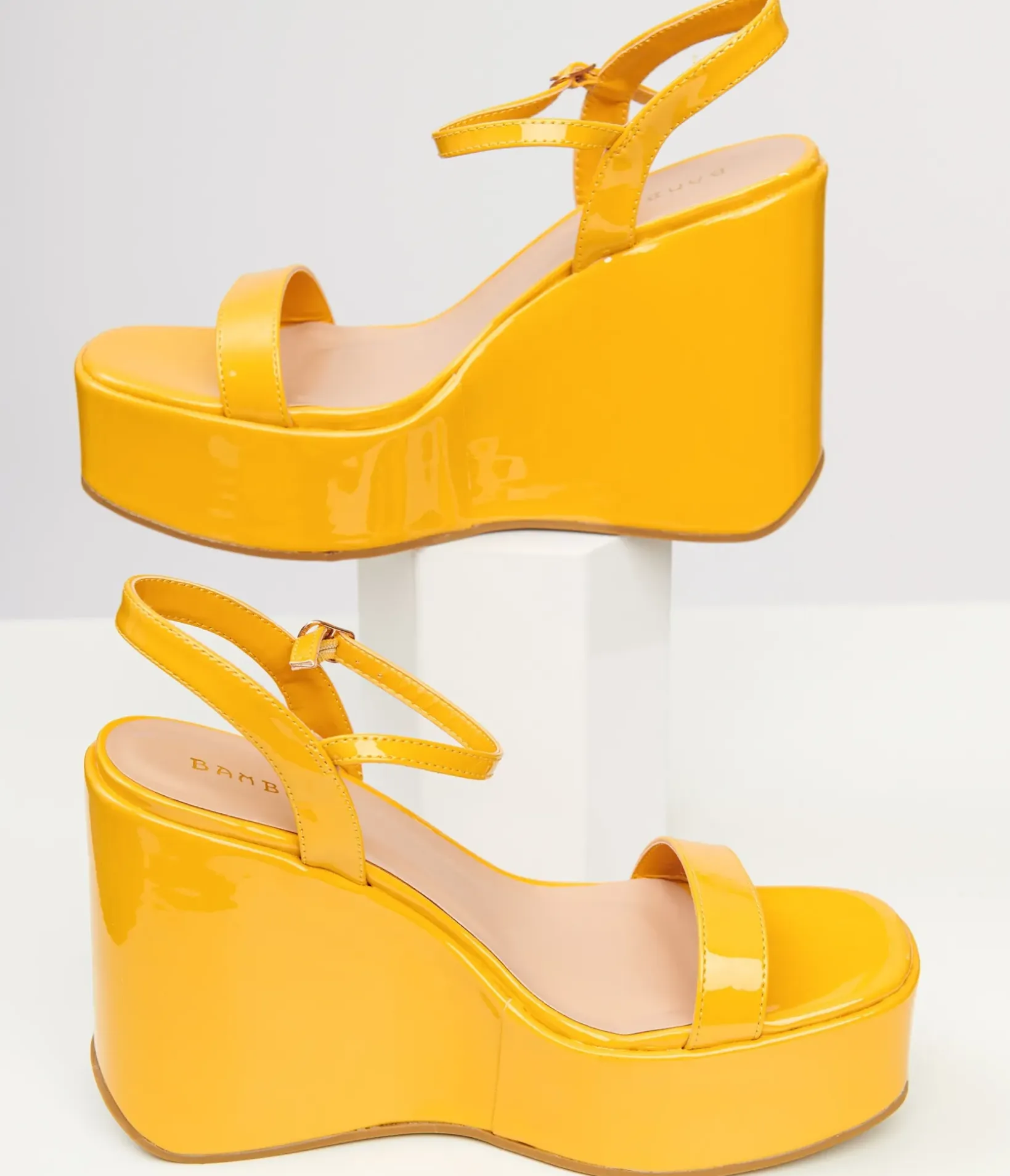 Unique Vintage Heels|Wedges>1990s Mustard Yellow Leatherette Platform Sandal Wedge