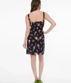 Unique Vintage Fit & Flare|Pocket Dresses>1950s Navy Fruit Print Fit & Flare Dress
