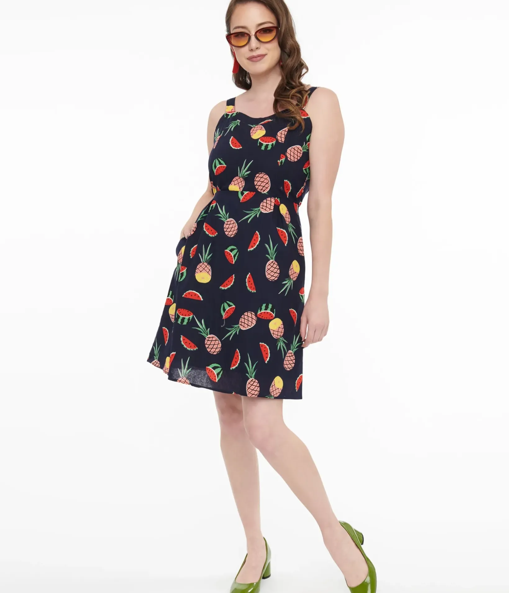 Unique Vintage Fit & Flare|Pocket Dresses>1950s Navy Fruit Print Fit & Flare Dress