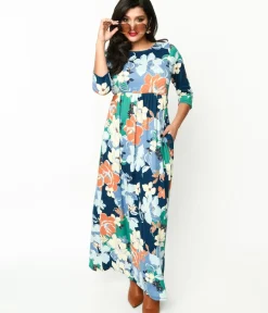Unique Vintage Maxi|Pocket Dresses>1970s Navy & Multicolor Floral Knit Maxi Dress