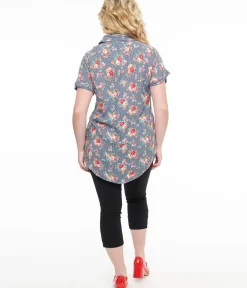 Unique Vintage Blouses|Work Wear>1950s Navy & Pink Floral Button Blouse
