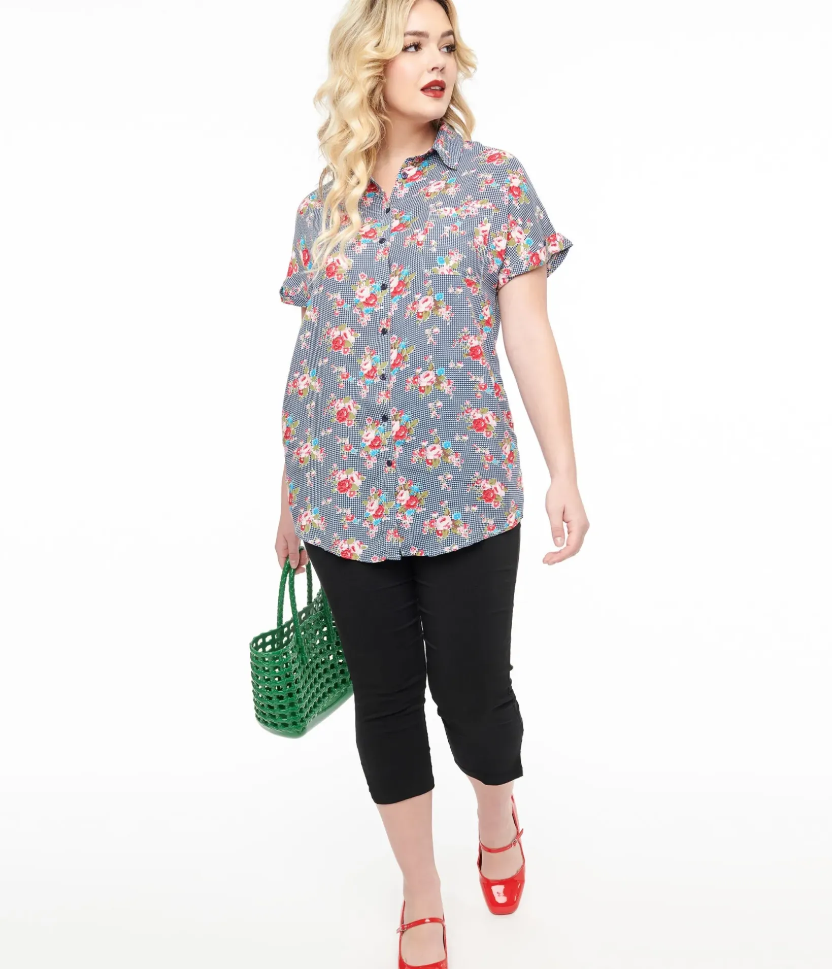 Unique Vintage Blouses|Work Wear>1950s Navy & Pink Floral Button Blouse