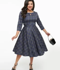 Unique Vintage Swing|Pocket Dresses>1950s Navy Plaid Anna Swing Dress