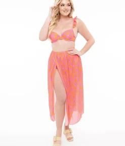 Unique Vintage Two Piece Swim|All Things Pink>1970s Neon Pink & Neon Orange Two Piece Swimsuit Set & Coverup Skirt