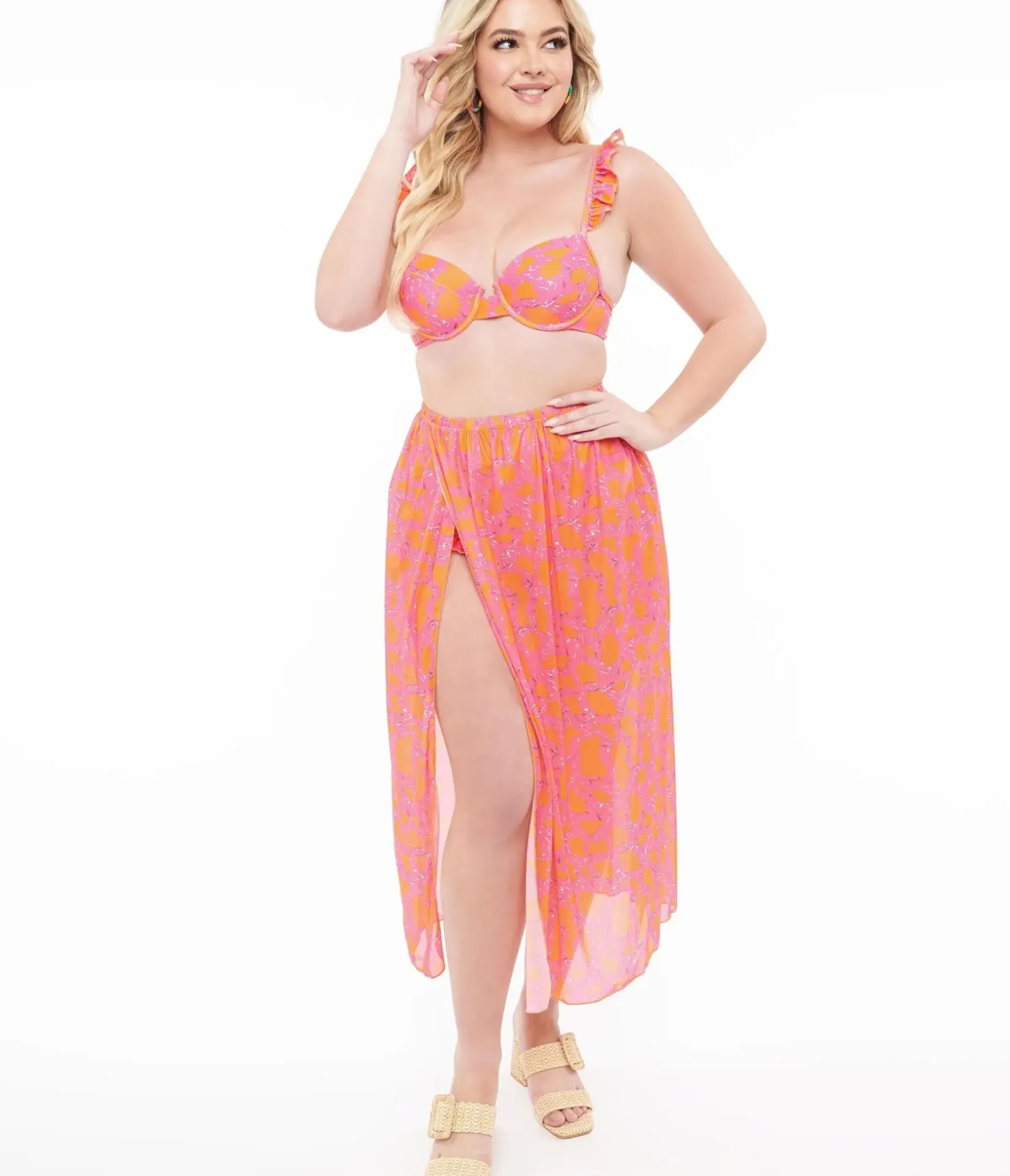 Unique Vintage Two Piece Swim|All Things Pink>1970s Neon Pink & Neon Orange Two Piece Swimsuit Set & Coverup Skirt