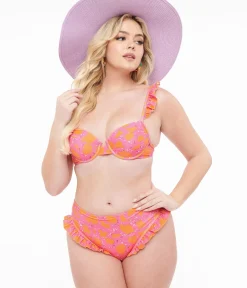 Unique Vintage Two Piece Swim|All Things Pink>1970s Neon Pink & Neon Orange Two Piece Swimsuit Set & Coverup Skirt