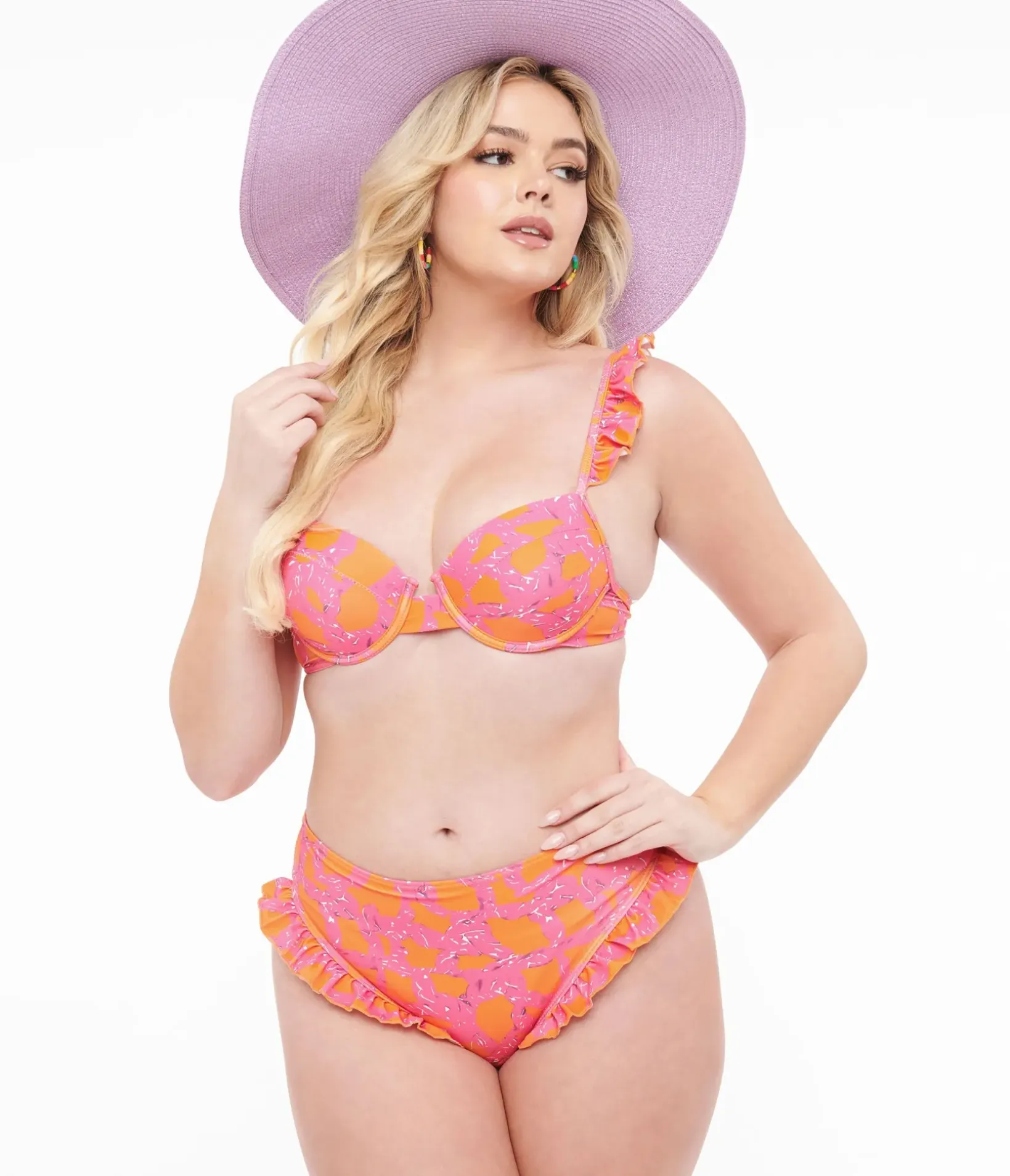 Unique Vintage Two Piece Swim|All Things Pink>1970s Neon Pink & Neon Orange Two Piece Swimsuit Set & Coverup Skirt
