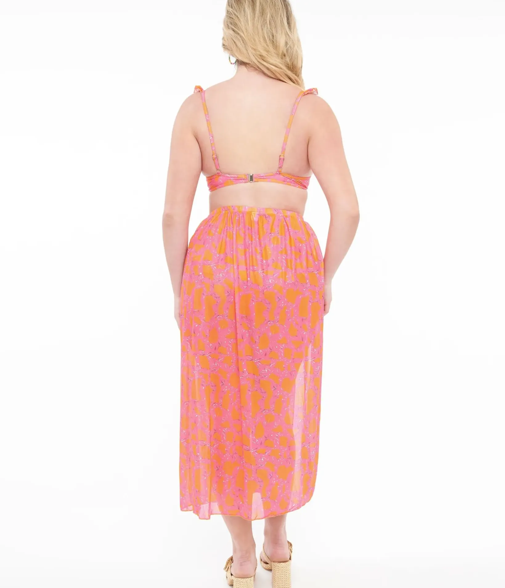 Unique Vintage Two Piece Swim|All Things Pink>1970s Neon Pink & Neon Orange Two Piece Swimsuit Set & Coverup Skirt