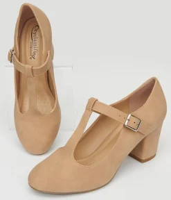 Unique Vintage Special Occasion|Heels>1920s Nude Suede T-Strap Mary Jane Heels