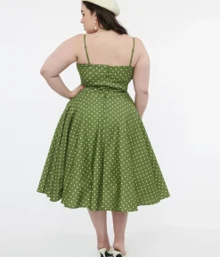 Unique Vintage Swing|Pocket Dresses>1950s Olive Green & White Polka Dot Peggy Cotton Swing Dress