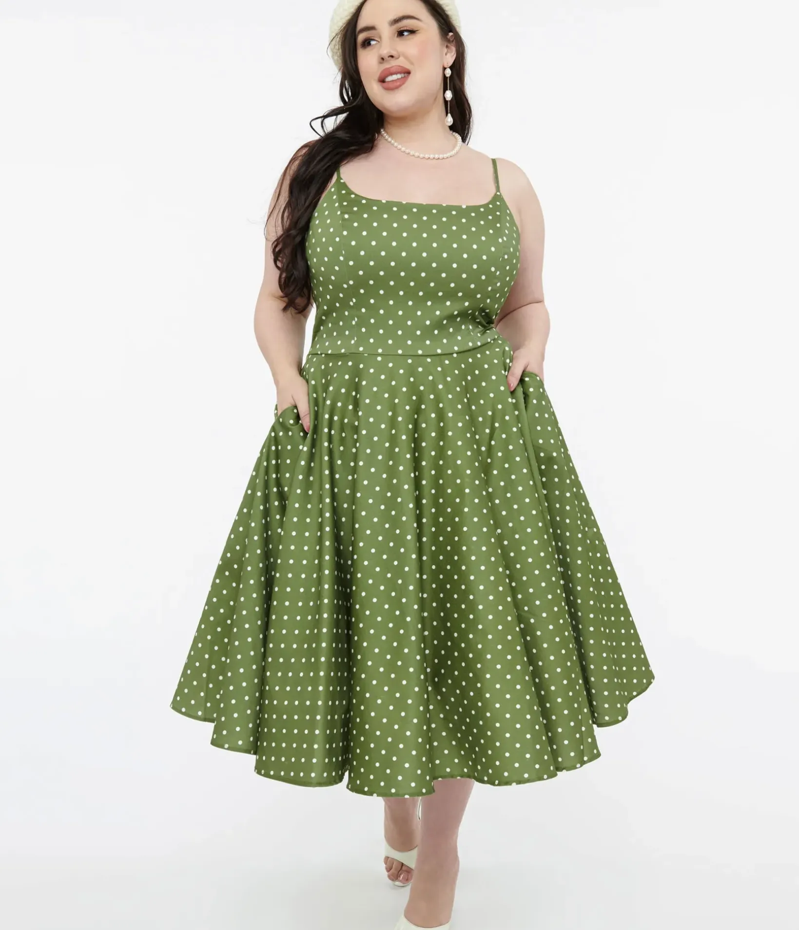 Unique Vintage Swing|Pocket Dresses>1950s Olive Green & White Polka Dot Peggy Cotton Swing Dress