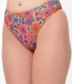 Unique Vintage Swim Bottoms>1970s Orange & Floral High Leg Swim Bottoms