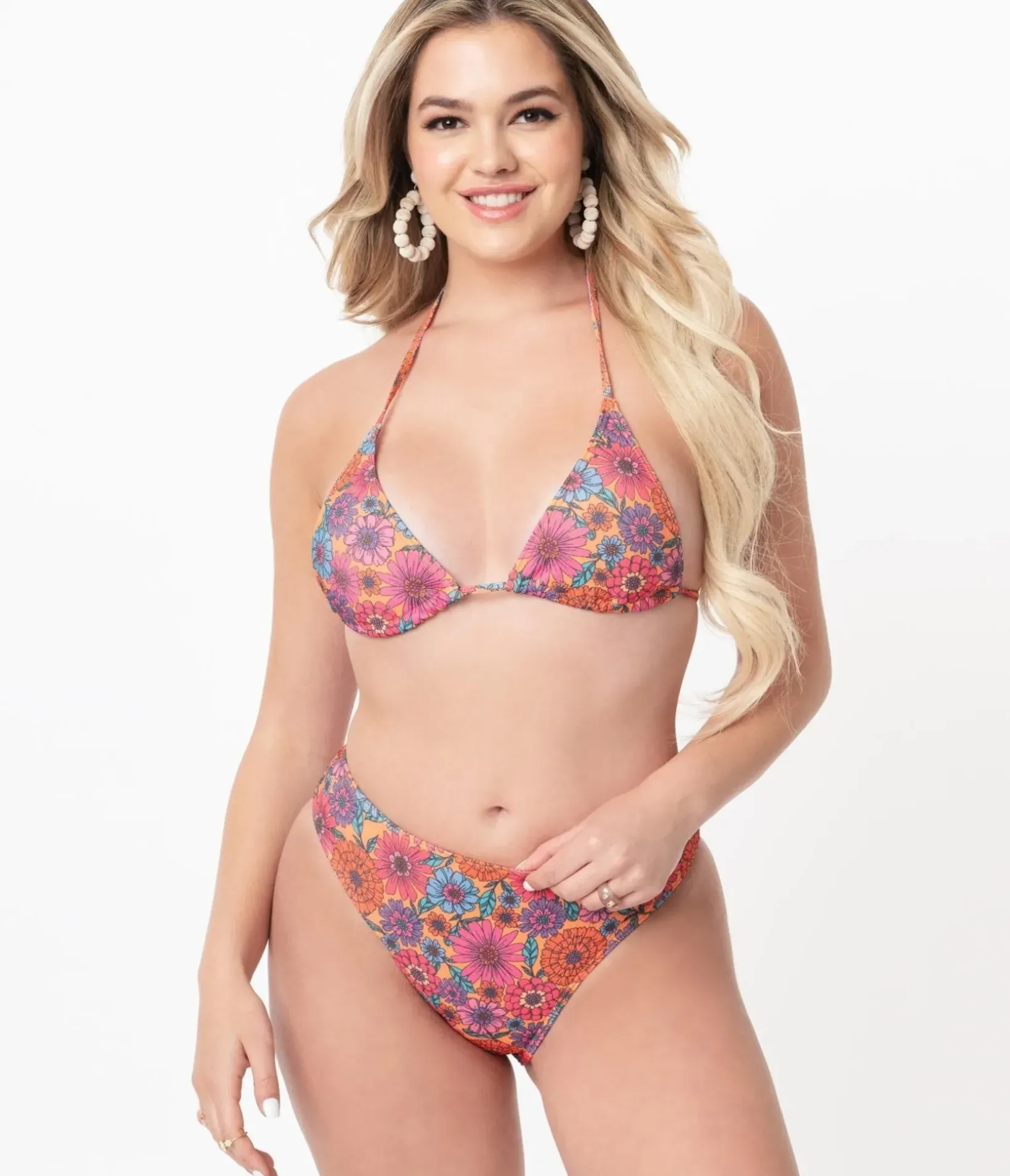 Unique Vintage Swim Bottoms>1970s Orange & Floral High Leg Swim Bottoms