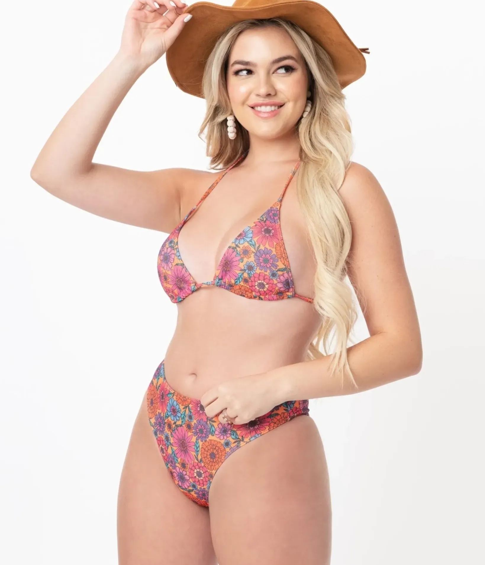 Unique Vintage Swim Bottoms>1970s Orange & Floral High Leg Swim Bottoms