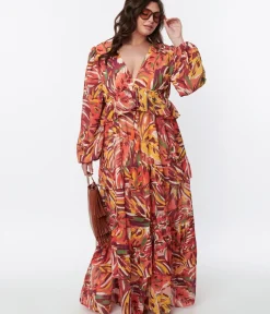 Unique Vintage Maxi|Midi & Maxi>1970s Orange & Multicolor Leaf Maxi Dress