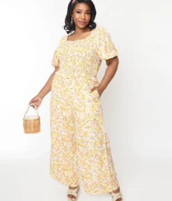 Unique Vintage Rompers & Jumpsuits|Rompers & Jumpsuits>1970s Orange & Pink Brush Strokes Puff Sleeve Jumpsuit