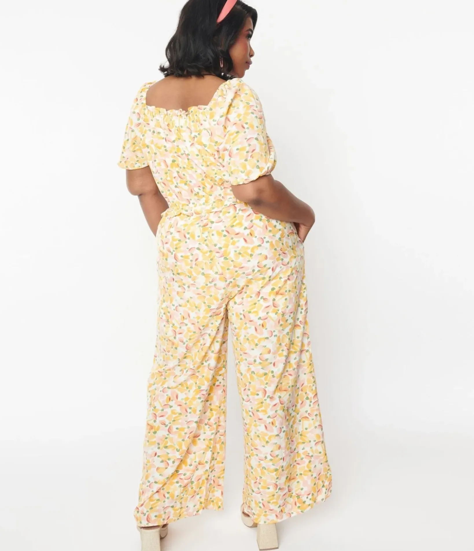 Unique Vintage Rompers & Jumpsuits|Rompers & Jumpsuits>1970s Orange & Pink Brush Strokes Puff Sleeve Jumpsuit