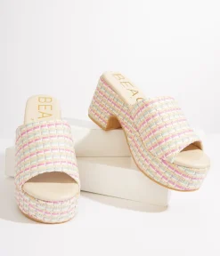 Unique Vintage Summer Vacation|Heels>1970s Pastel Rainbow Rattan Platform Mule Sandals