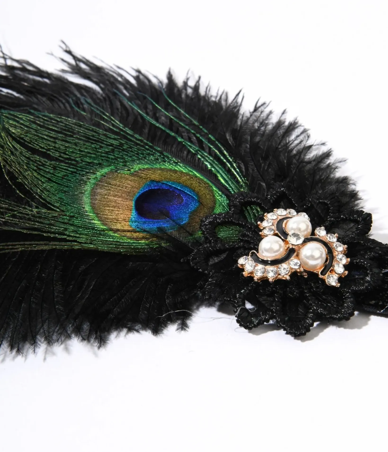 Unique Vintage Special Occasion|Flapper Accessories>1920s Peacock Feather & Pearl Gem Flapper Headband
