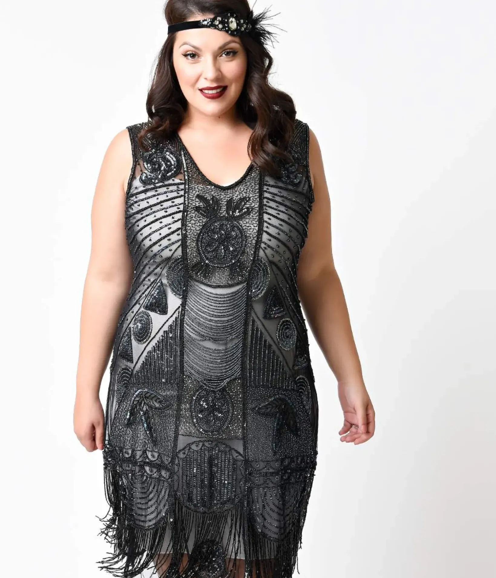 Unique Vintage Special Occasion|Flapper Dresses>Special Order- Plus Size 1920s Style Black Hand Beaded Fringe Bosley Flapper Dress