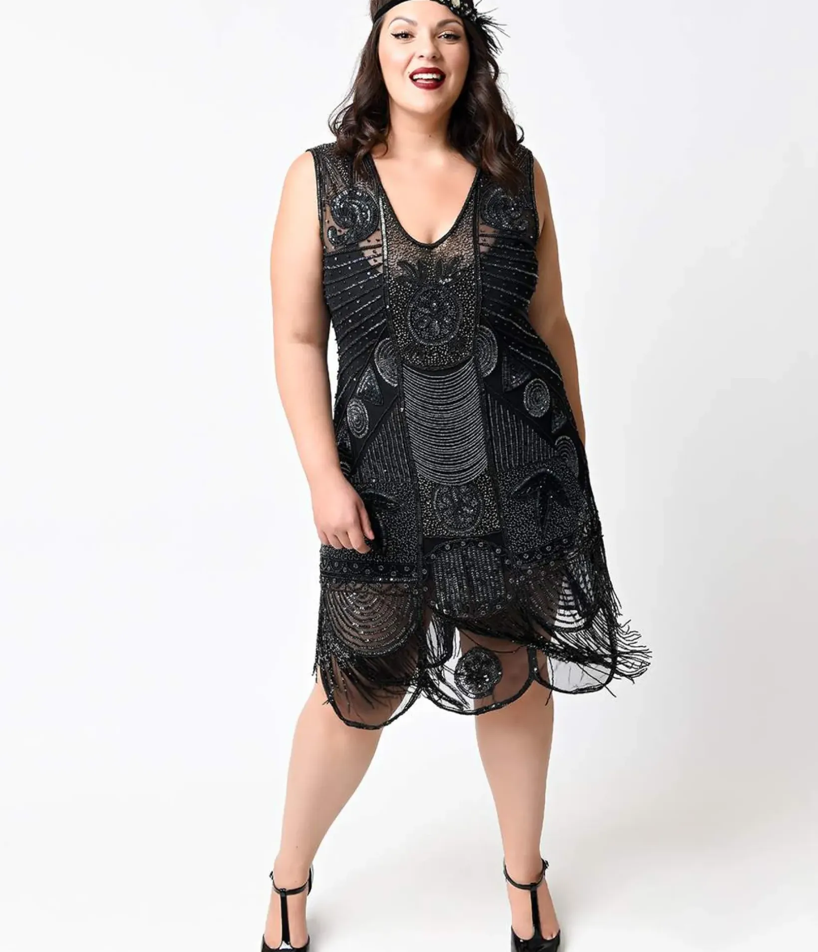 Unique Vintage Special Occasion|Flapper Dresses>Special Order- Plus Size 1920s Style Black Hand Beaded Fringe Bosley Flapper Dress