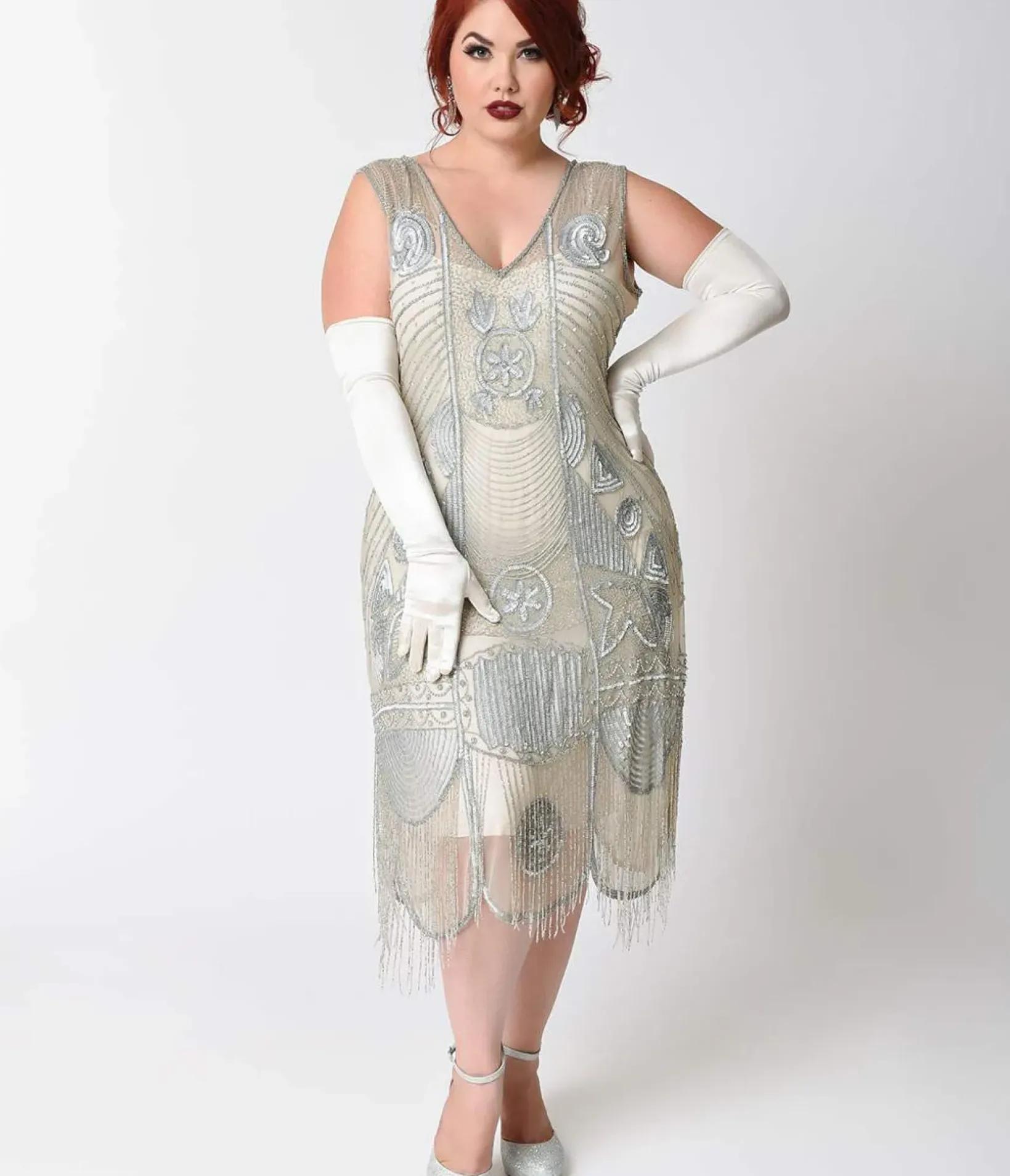 Unique Vintage Everyday Dresses|Special Occasion>Special Order - Plus Size 1920s Style Silver Hand Beaded Fringe Bosley Flapper Dress