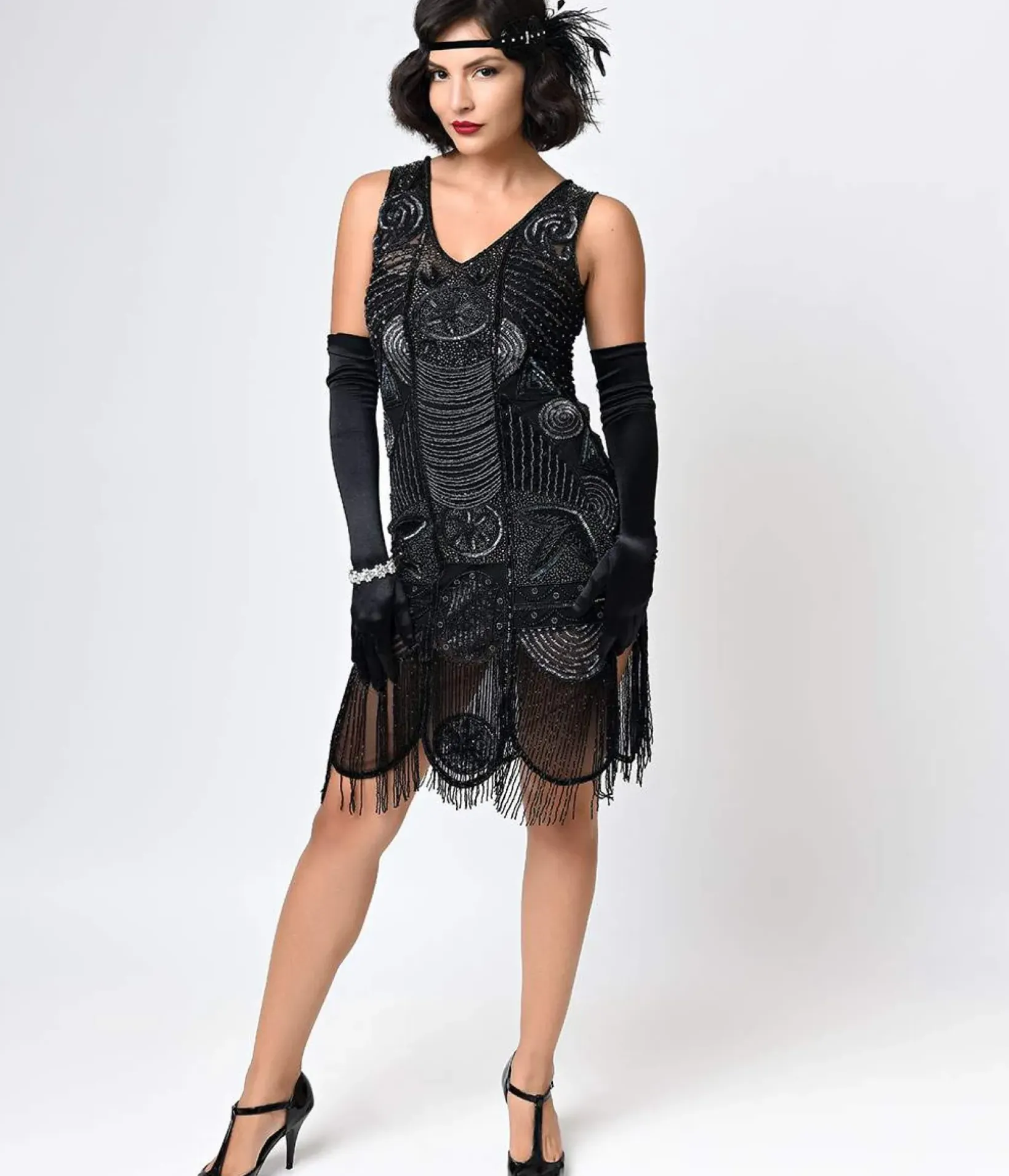 Unique Vintage Everyday Dresses|Special Occasion>Special Order- 1920s Style Black Hand Beaded Fringe Bosley Flapper Dress