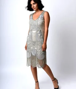 Unique Vintage Everyday Dresses|Special Occasion>Special Order - 1920s Style Silver Hand Beaded Fringe Bosley Flapper Dress
