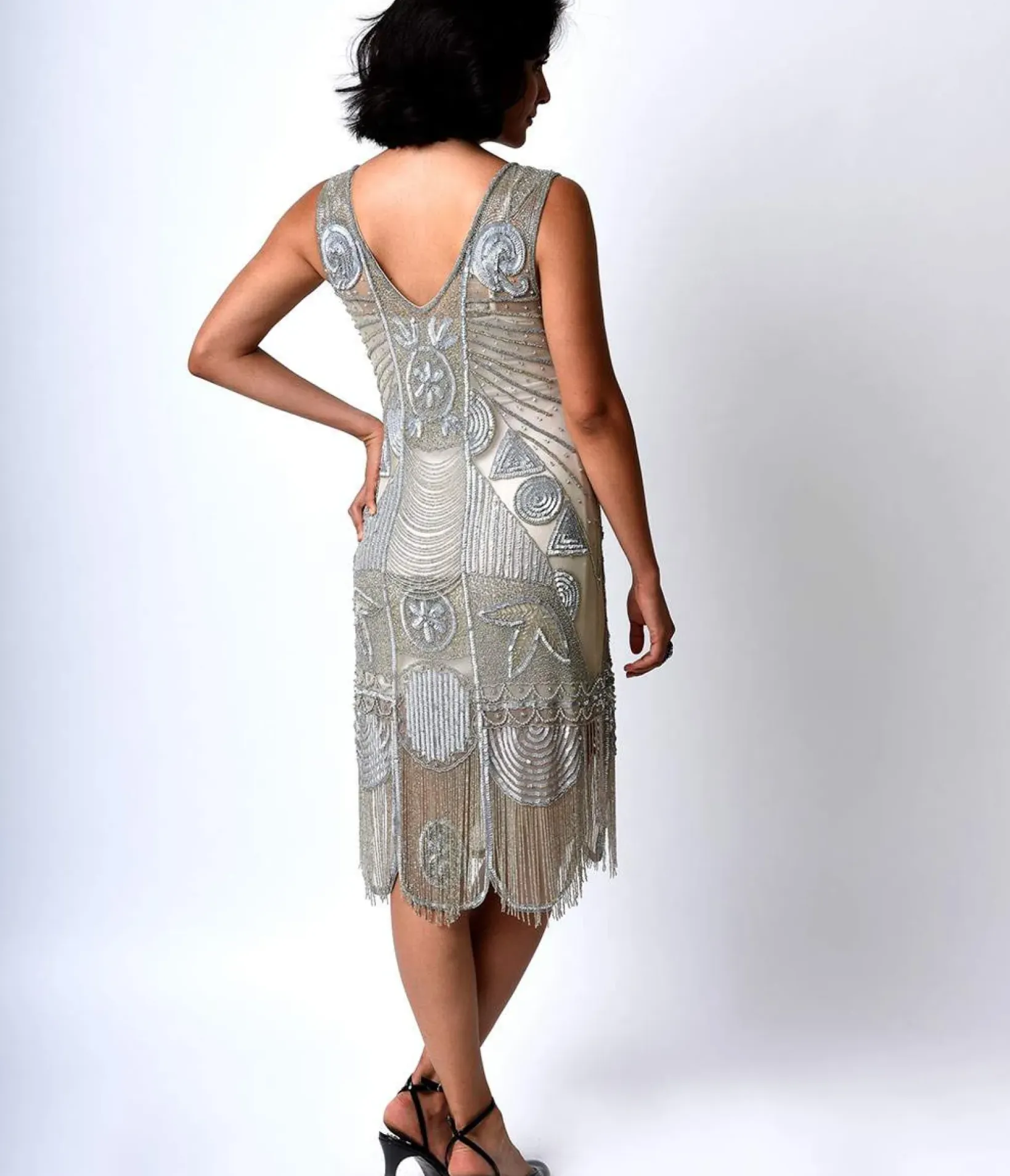 Unique Vintage Everyday Dresses|Special Occasion>Special Order - 1920s Style Silver Hand Beaded Fringe Bosley Flapper Dress