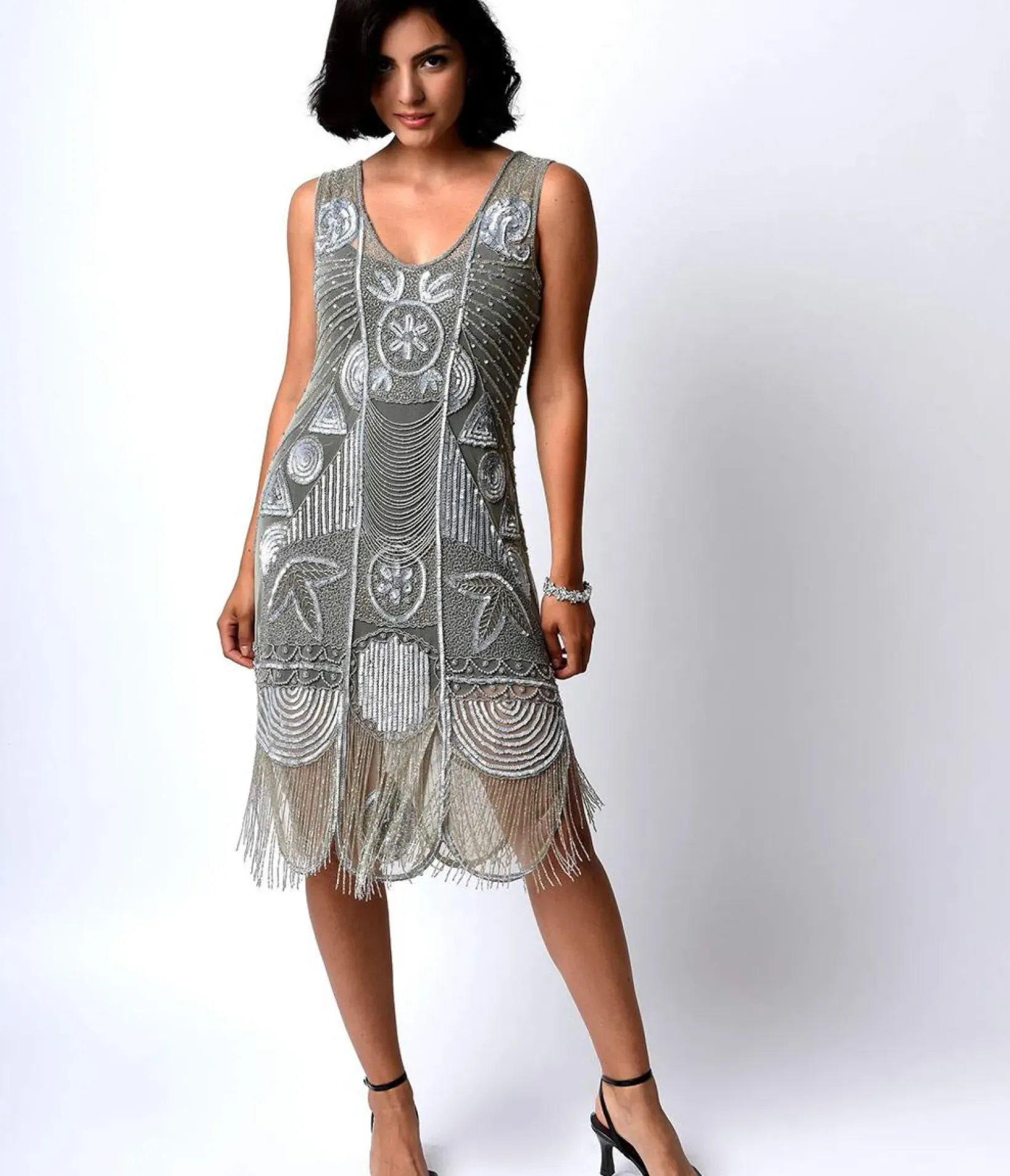 Unique Vintage Everyday Dresses|Special Occasion>Special Order - 1920s Style Silver Hand Beaded Fringe Bosley Flapper Dress