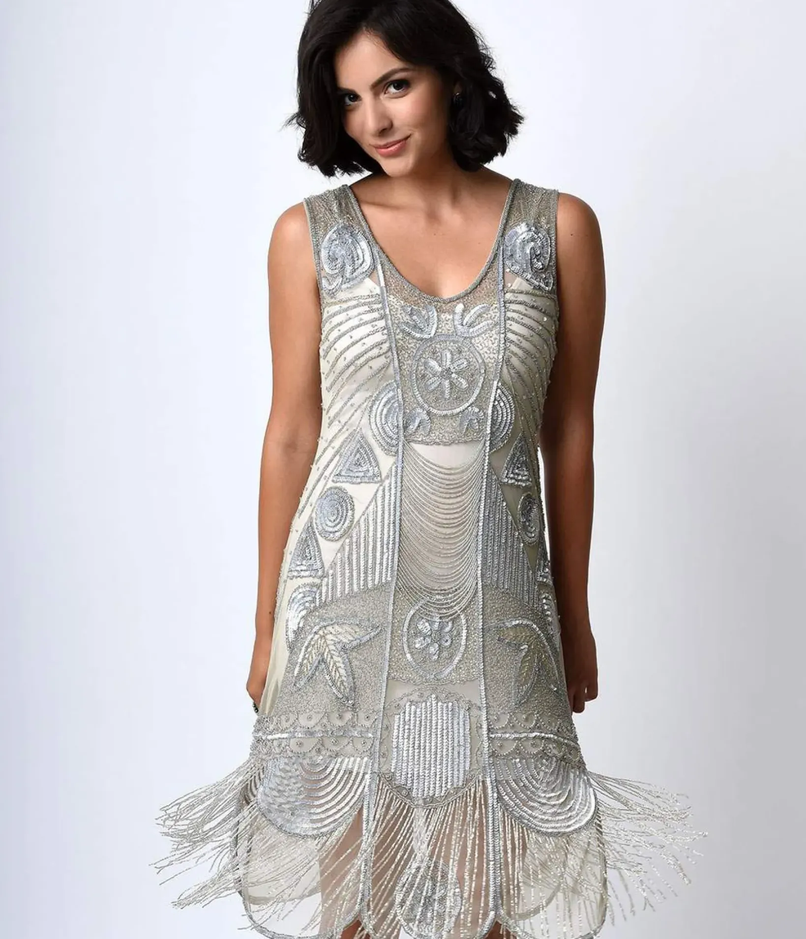 Unique Vintage Everyday Dresses|Special Occasion>Special Order - 1920s Style Silver Hand Beaded Fringe Bosley Flapper Dress