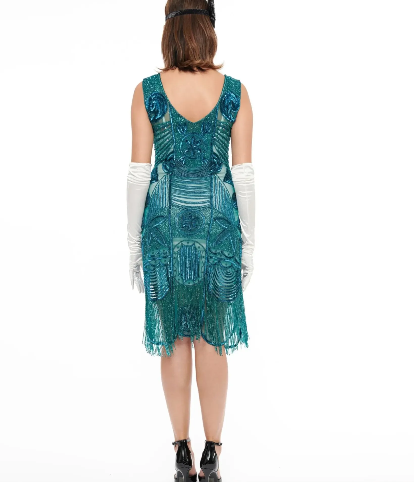 Unique Vintage Special Occasion|Flapper Dresses>Special Order - 1920s Style Teal Hand Beaded Fringe Bosley Flapper Dress