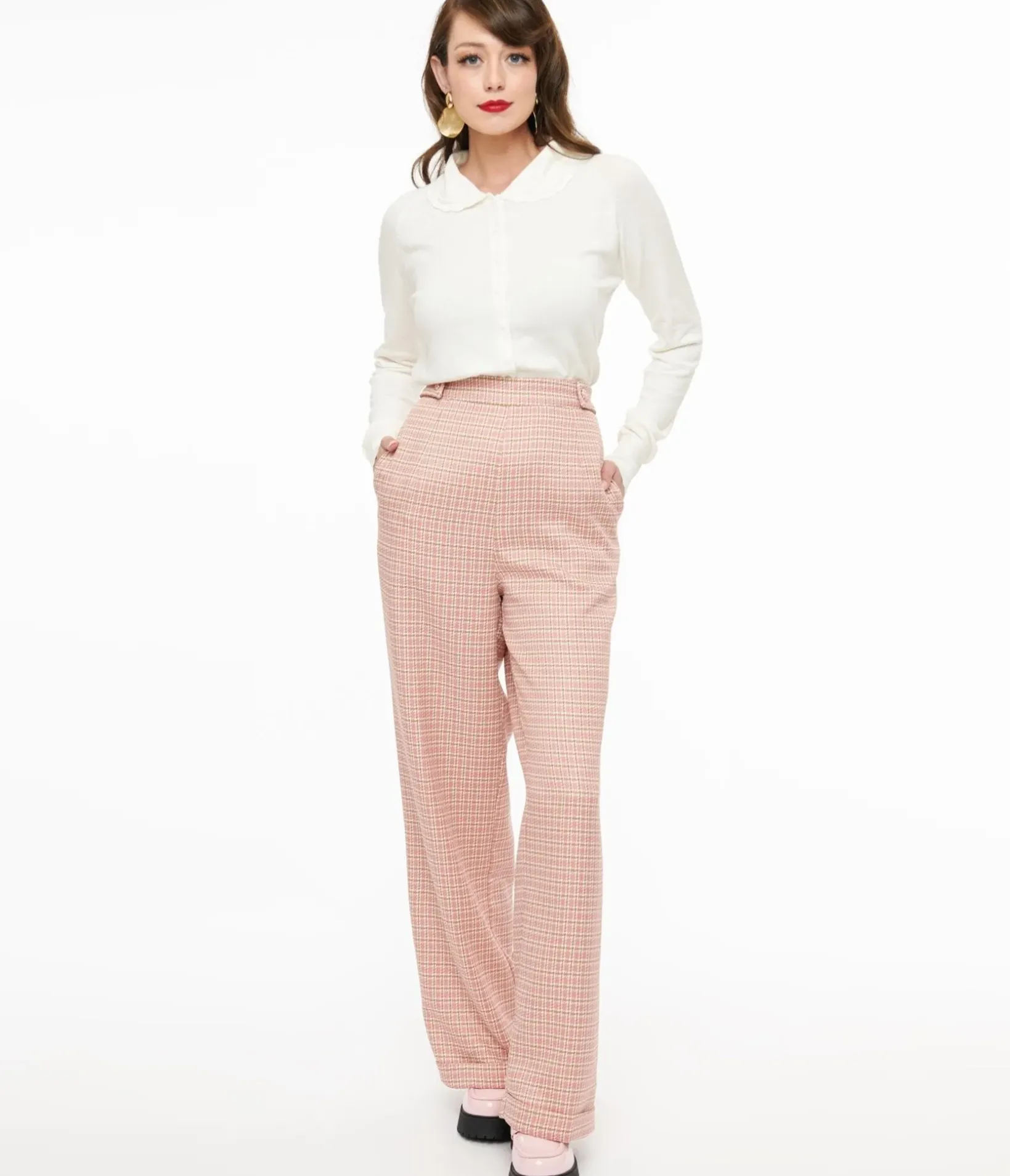 Unique Vintage Pants|Work Wear>1940s Pink Check Ruby Trousers
