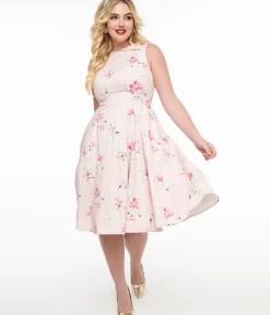 Unique Vintage Swing|Pocket Dresses>1950s Pink Gingham & Floral Cotton Swing Dress