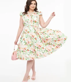 Unique Vintage Swing|Pocket Dresses>1950s Pink & Green Floral Cotton Larisa Swing Dress