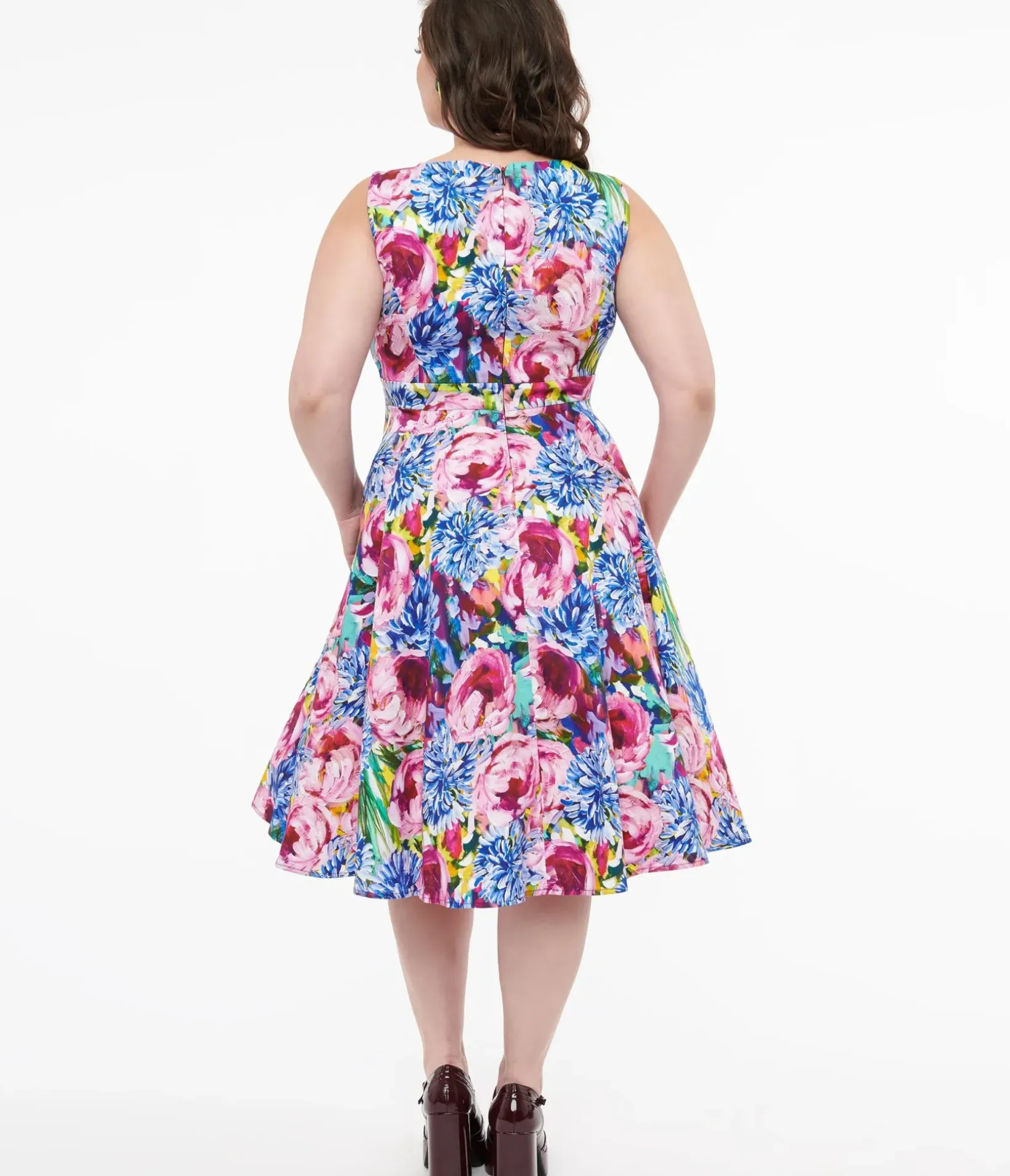 Unique Vintage Swing|Pocket Dresses>1950s Pink & Purple Floral Cotton Elsa Swing Dress