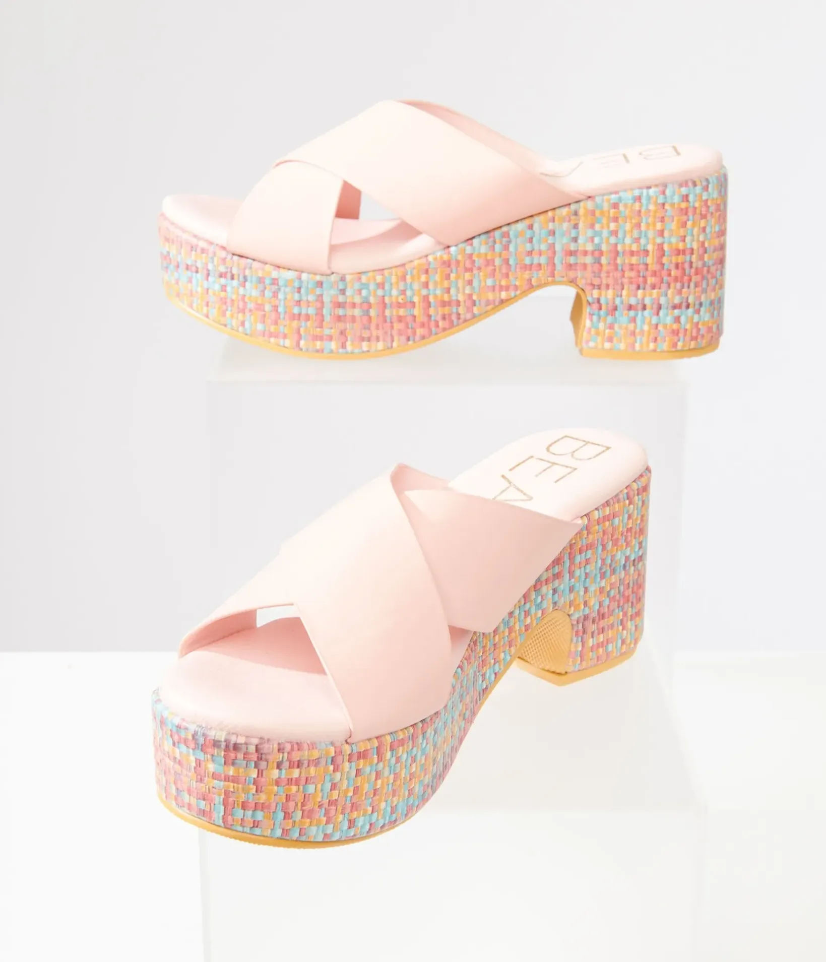 Unique Vintage Heels|Sandals>1970s Pink & Rainbow Woven Nellie Platform Sandals