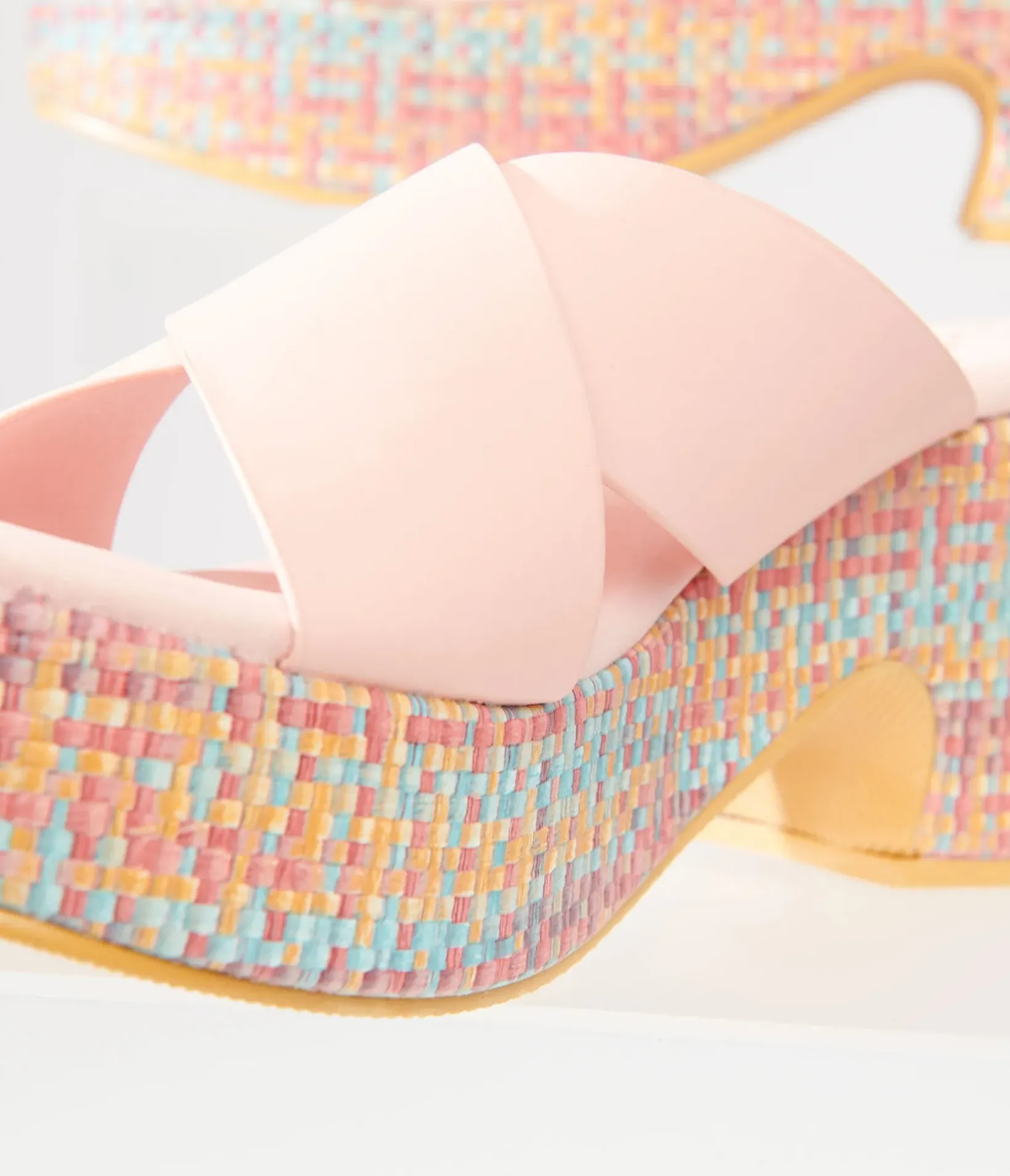 Unique Vintage Heels|Sandals>1970s Pink & Rainbow Woven Nellie Platform Sandals