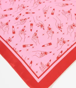Unique Vintage All Things Pink|All Things Red>1950s Pink & Red Lipstick Print Satin Hair Scarf
