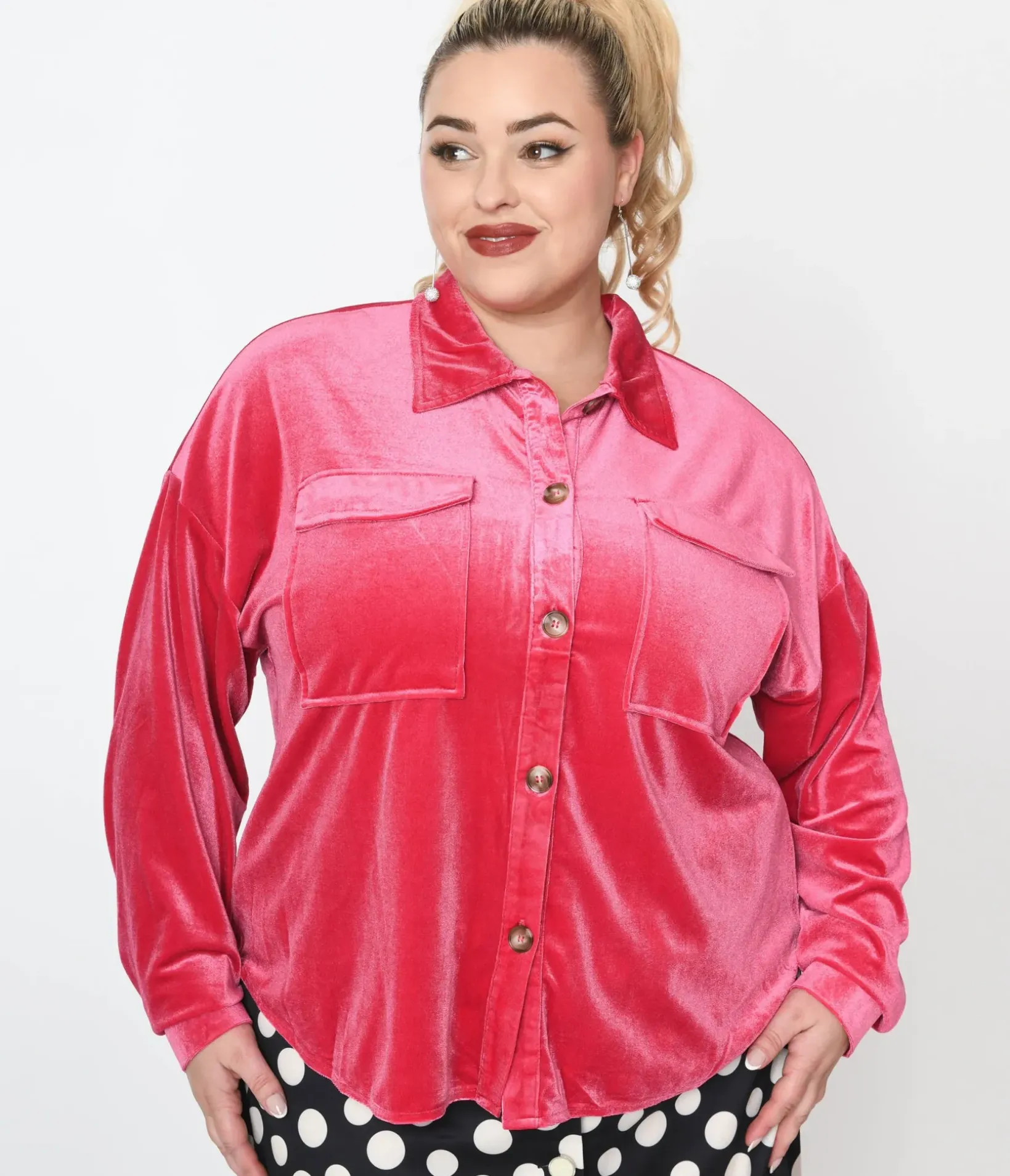 Unique Vintage Blouses|Blouses>1970s Pink Velvet Button Down Shirt