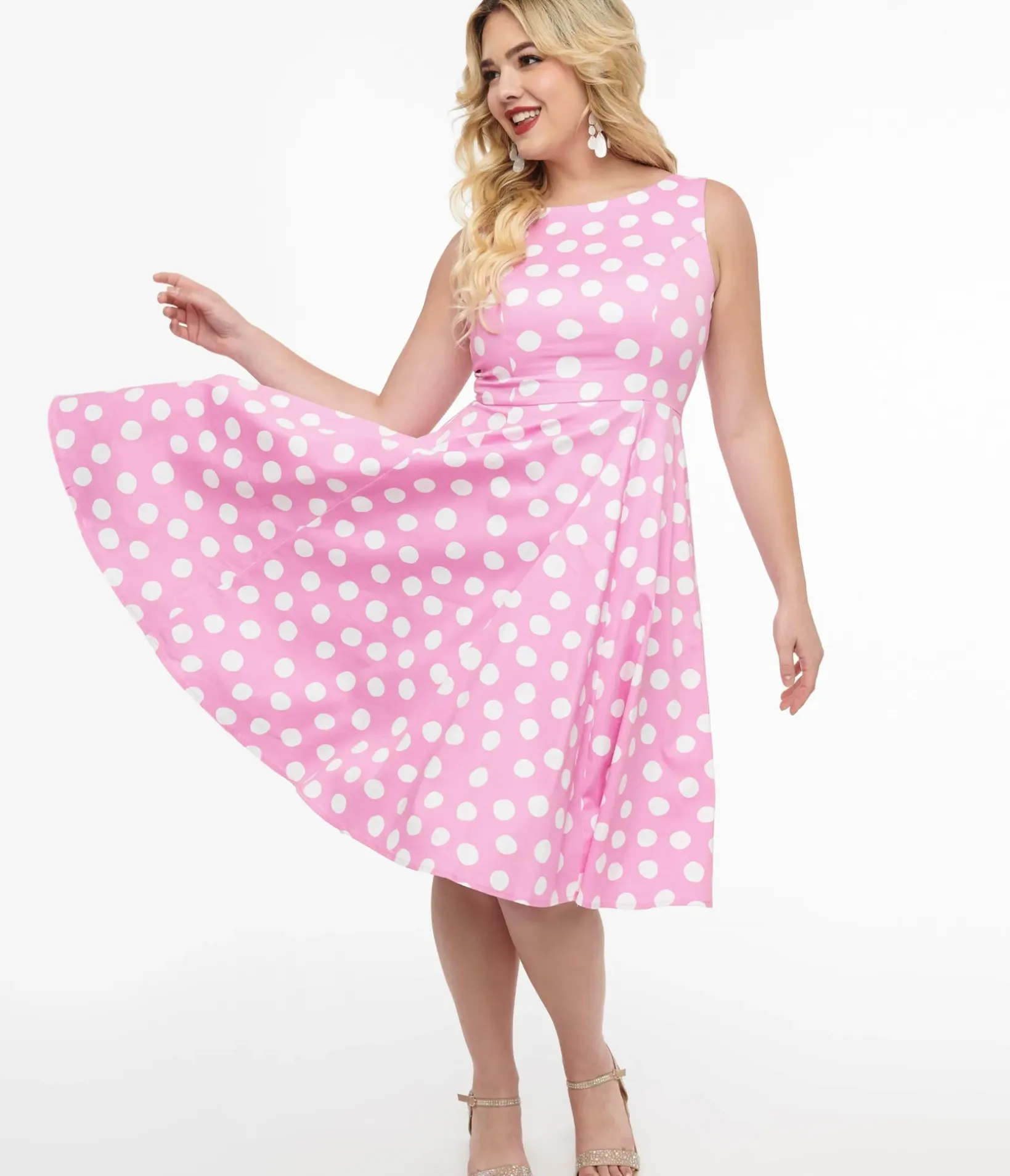 Unique Vintage Swing|Pocket Dresses>1950s Pink & White Polka Dot Cotton Lyra Swing Dress