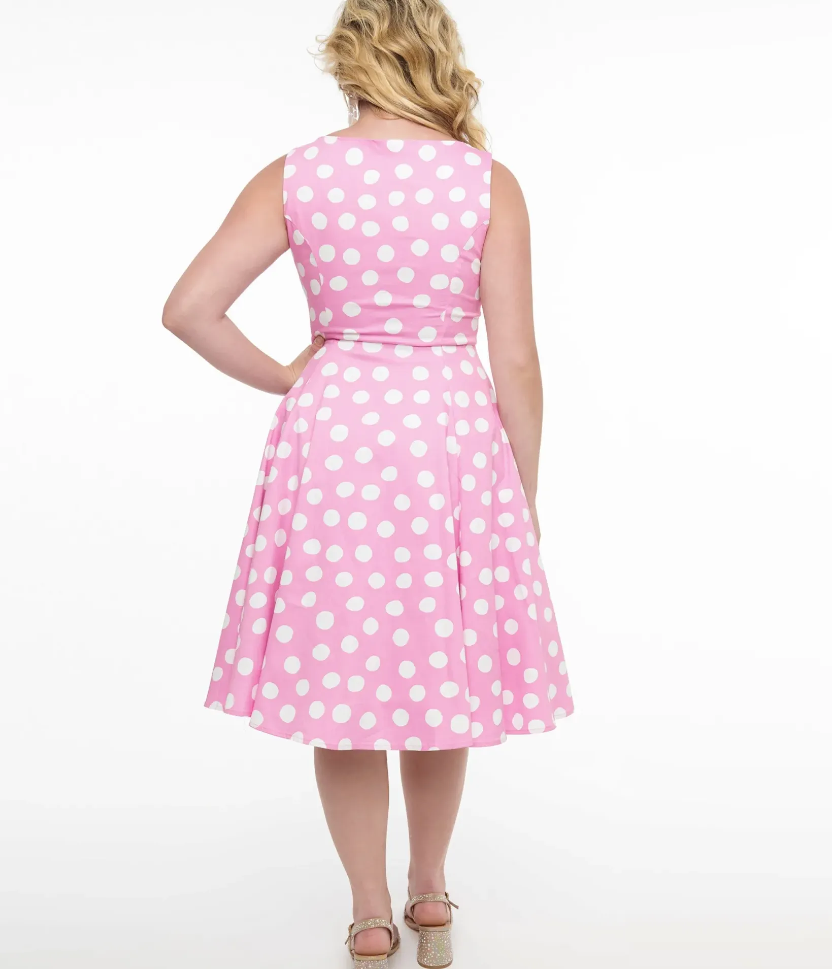 Unique Vintage Swing|Pocket Dresses>1950s Pink & White Polka Dot Cotton Lyra Swing Dress