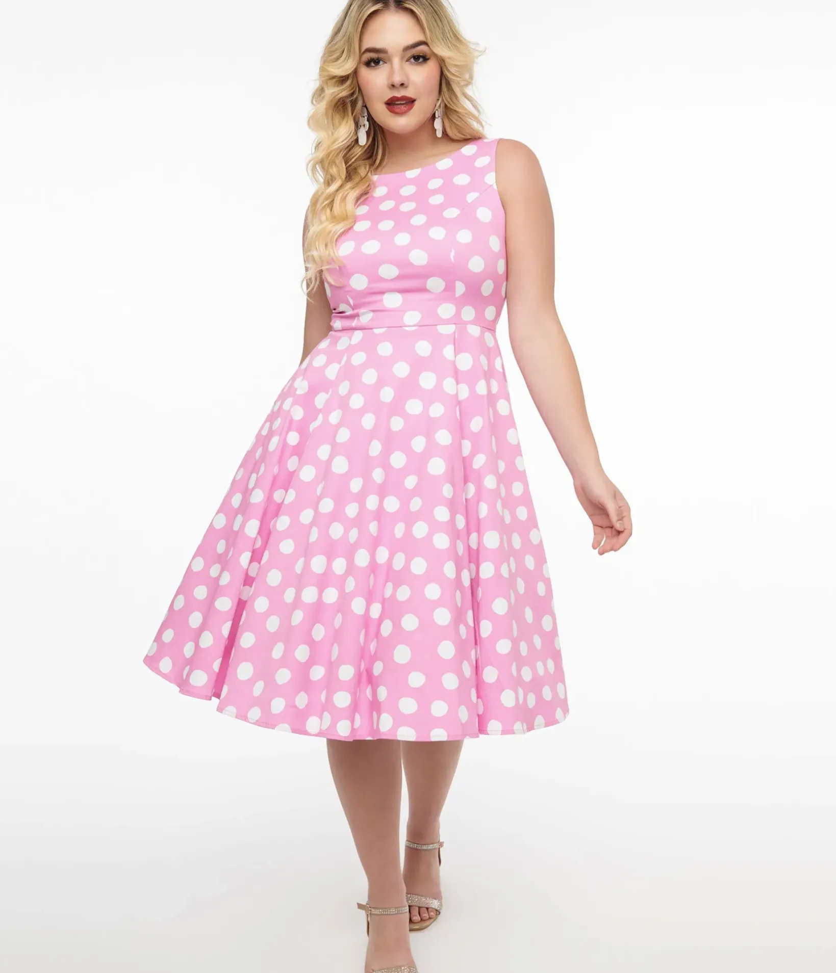 Unique Vintage Swing|Pocket Dresses>1950s Pink & White Polka Dot Cotton Lyra Swing Dress